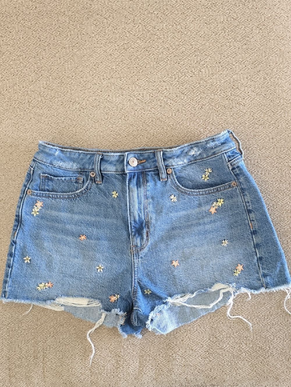 American Eagle Mom Short Emroidered Floral Flowers Raw Hem Jean Shorts - Size 8